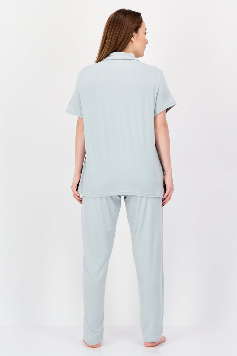 NINE WEST Women 2 Pieces Plain Top And Bottom Pajama Set, Light Grey - Image 2